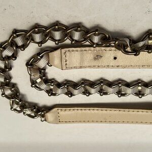 Vtg ANN TAYLOR 90s white leather Belt narrow Silver chain & Ribbon Belt Vtg